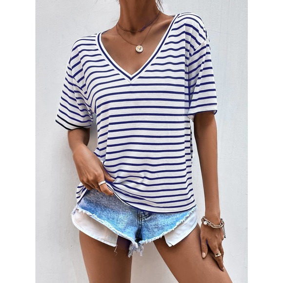 Classic preppy Striped V Neck Tee shirt top white black - Picture 6 of 11